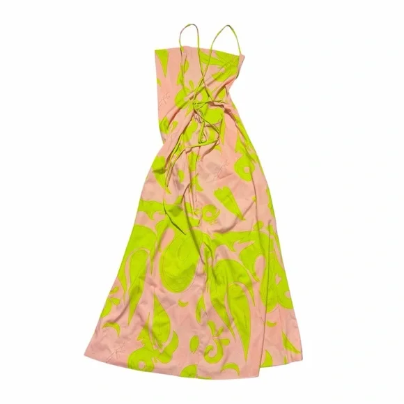 Liliana Meza Pink and Green Satin Maxi Dress Size Large - Picture 3 of 12